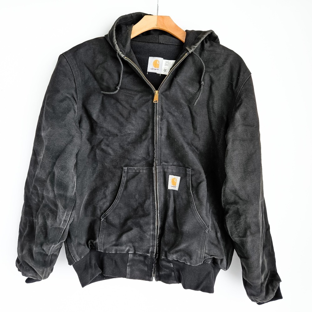 Vtg Carhartt Hooded Canvas Work Jacket L Tall JR115 Black Distressed Made In USA